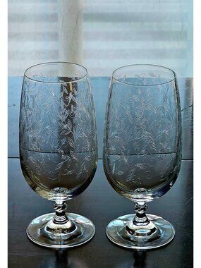 2 Pier1 Eliza Iced Tea Goblets Glasses 7.5" crystal chintz etched leaves vintage